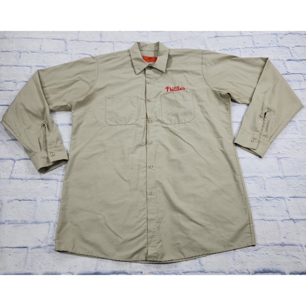 Philadelphia Phillies MENS SIZE L Beige Button Shirt Red Kap Work Casual